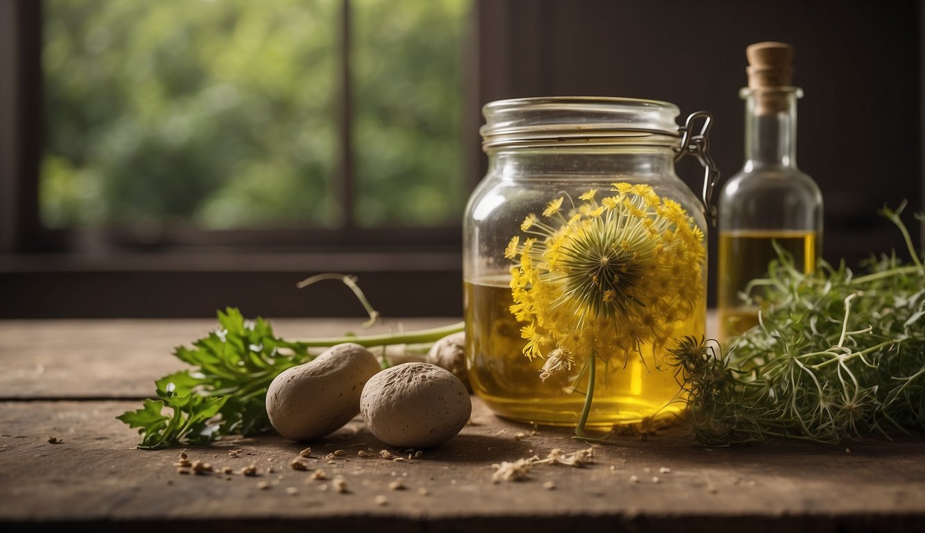 A mortar and pestle crushing dandelion roots. A glass jar filled with alcohol and dandelion roots steeping