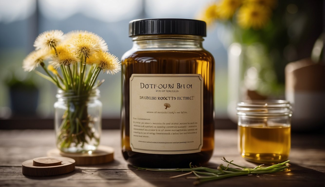 A glass jar filled with dandelion roots steeping in alcohol, labeled "Dandelion Root Tincture" with dosage instructions written on a label