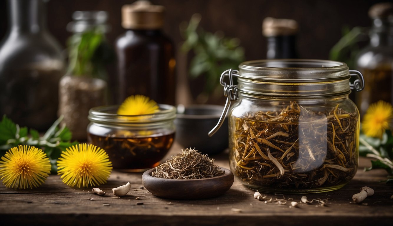 A glass jar filled with dandelion roots soaking in alcohol, labeled "Dandelion Root Tincture." A mortar and pestle sit nearby, ready for the next step in the recipe