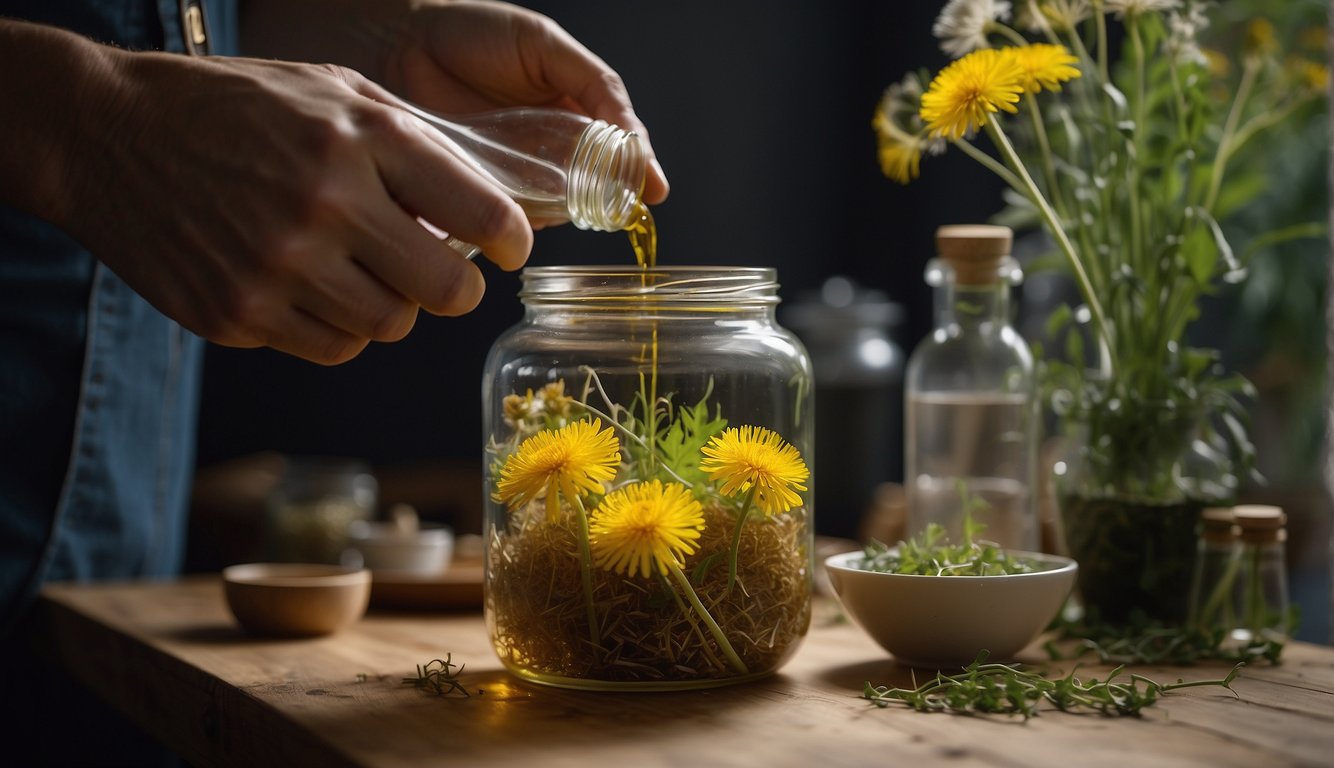 A pair of hands carefully measures and mixes dandelion roots and alcohol in a glass jar, following a recipe for a tincture. Labels for safety and precautions are visible in the background