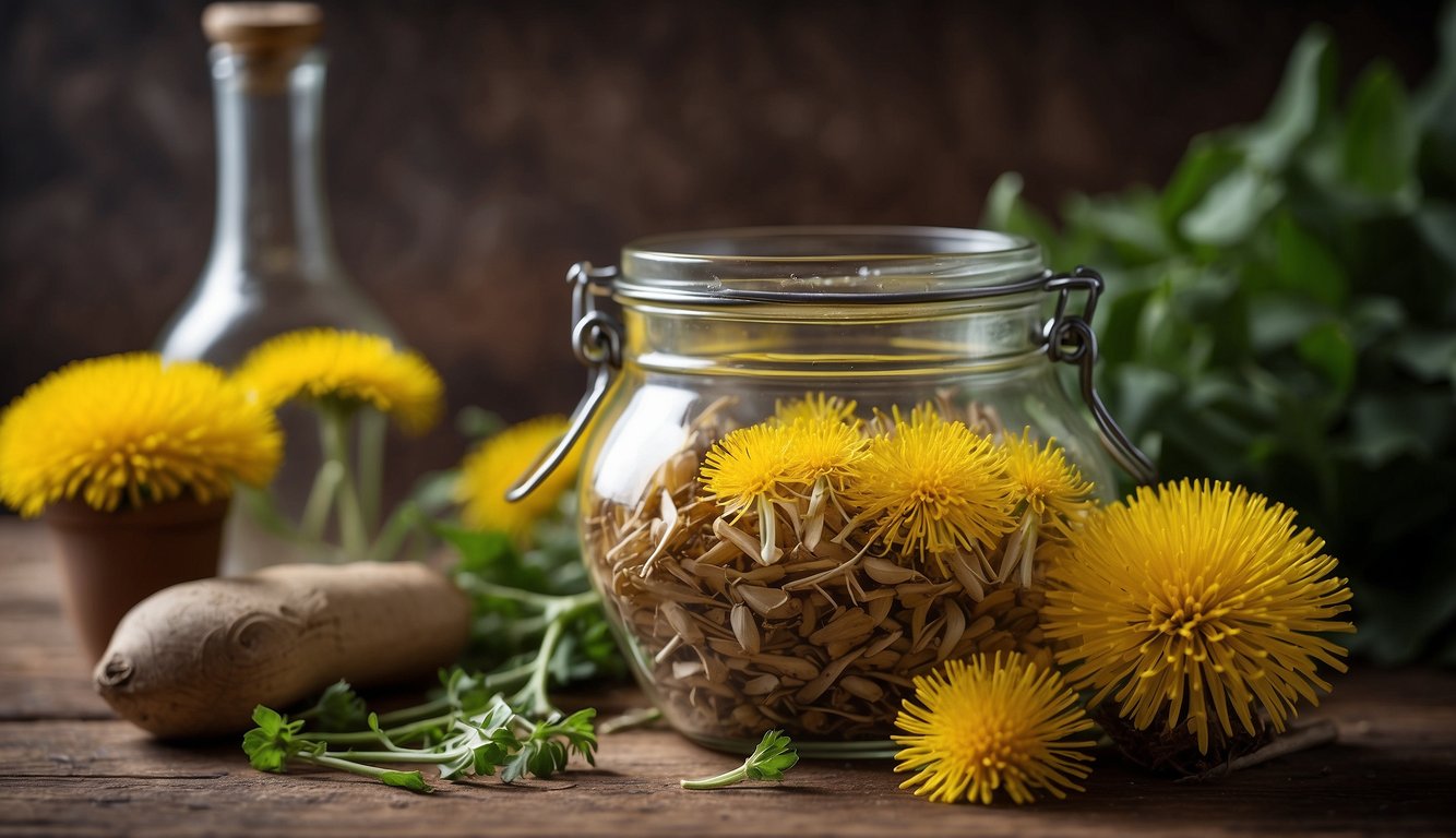 A glass jar filled with dandelion roots soaking in alcohol, surrounded by fresh dandelion flowers and a mortar and pestle