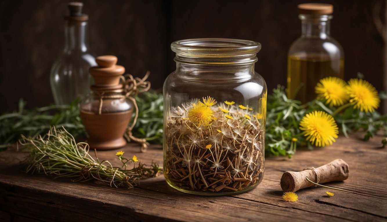 A glass jar filled with dandelion roots soaking in alcohol, labeled "Dandelion Root Tincture Recipe." Ingredients and tools scattered on a wooden table