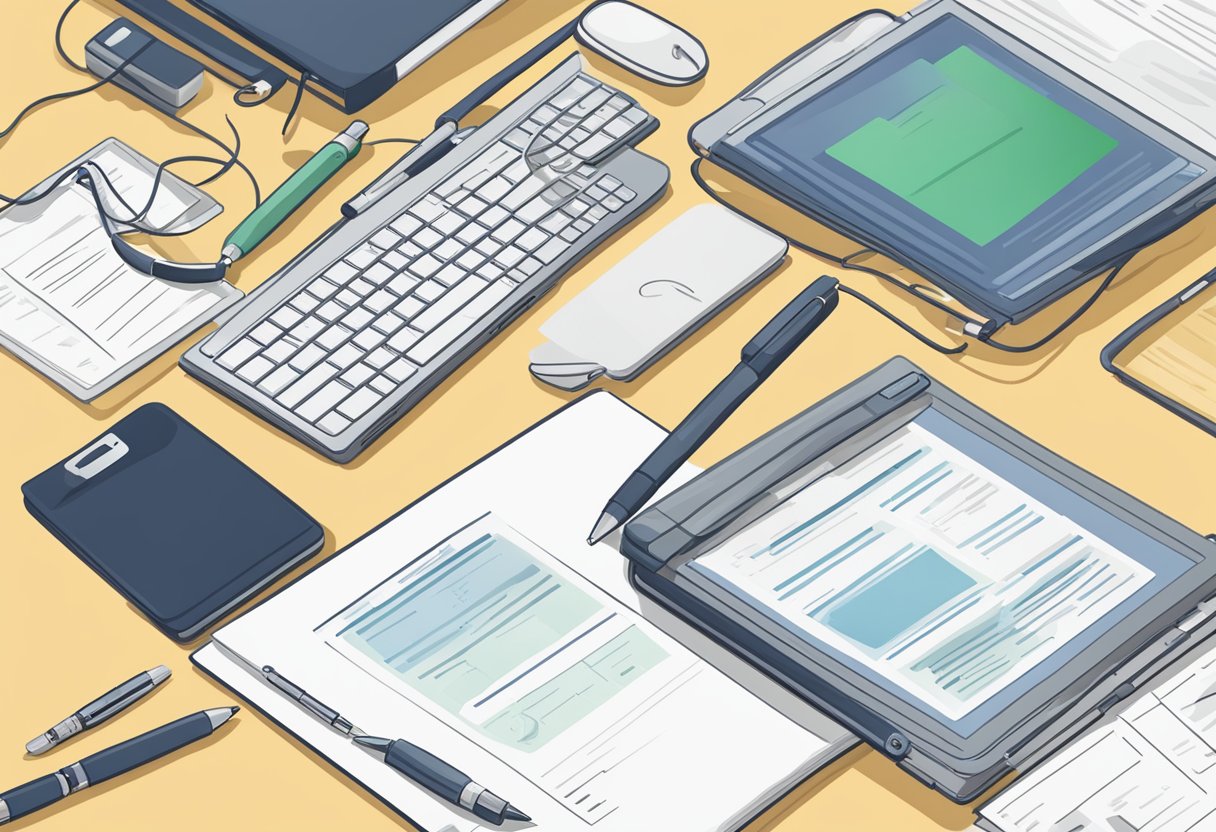 A close-up of a desk surface showing a laptop, keyboard, mouse, pen, and notepad.