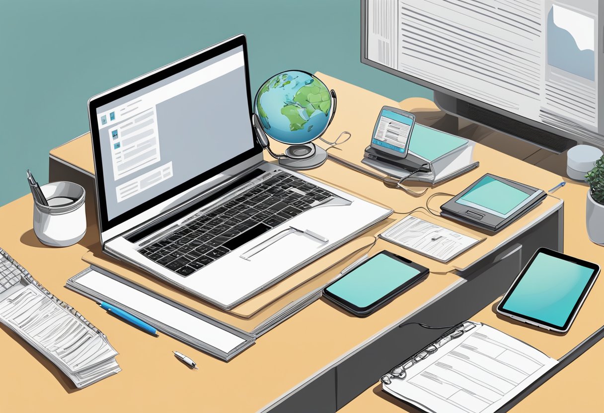 a laptop, phone, and paperwork along wiith a globe and and other office supplies on a desk.