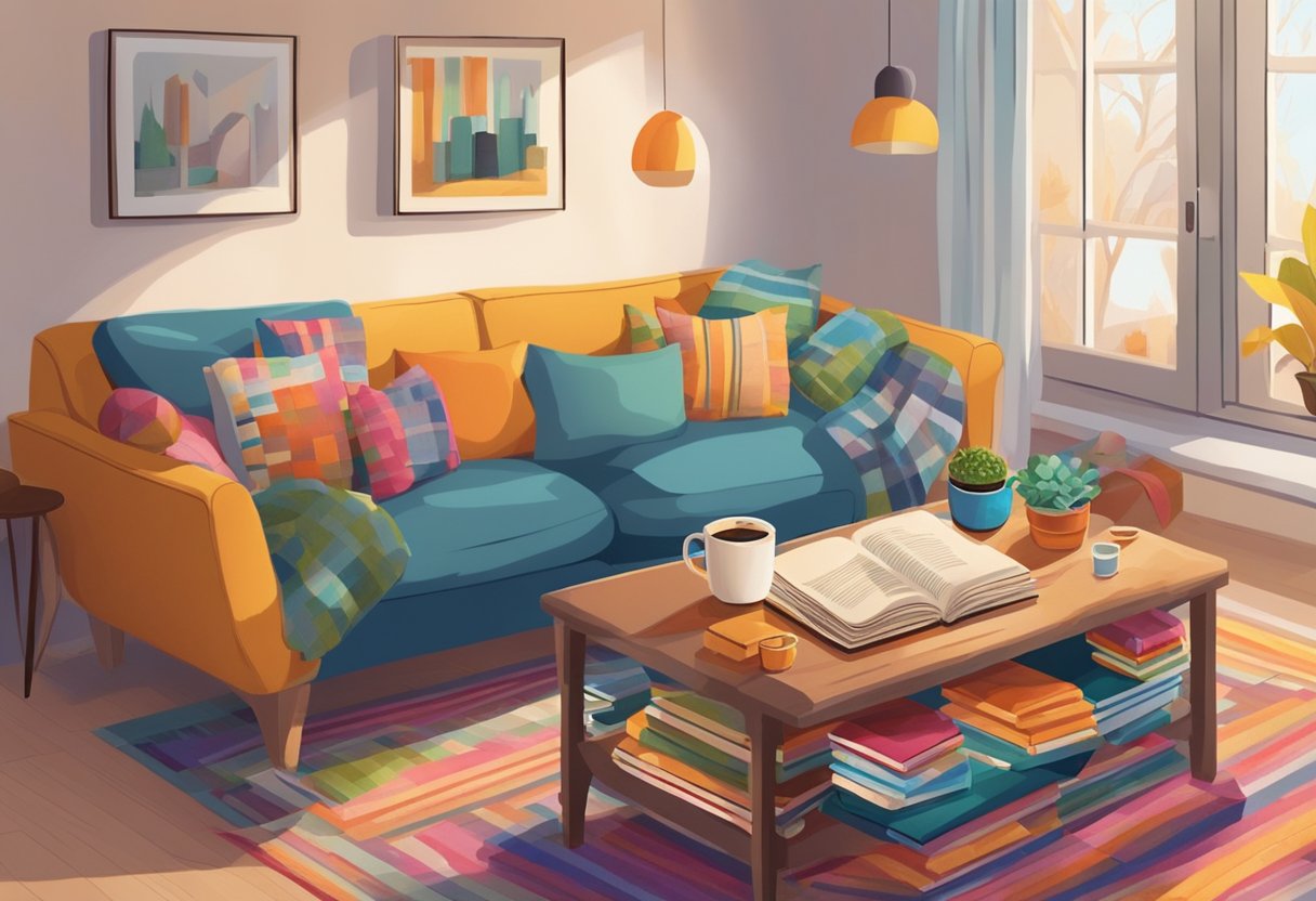 A cozy living room with a pile of colorful children's books on a coffee table, surrounded by soft cushions and a warm blanket. A cup of hot cocoa sits nearby, creating a comforting atmosphere