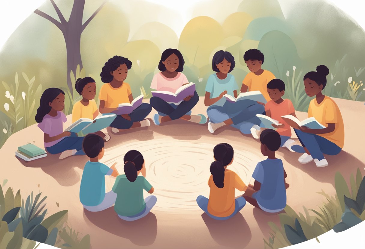 A group of children sitting in a circle, reading books about grief with a caring adult. The children are engaged and the adult is comforting