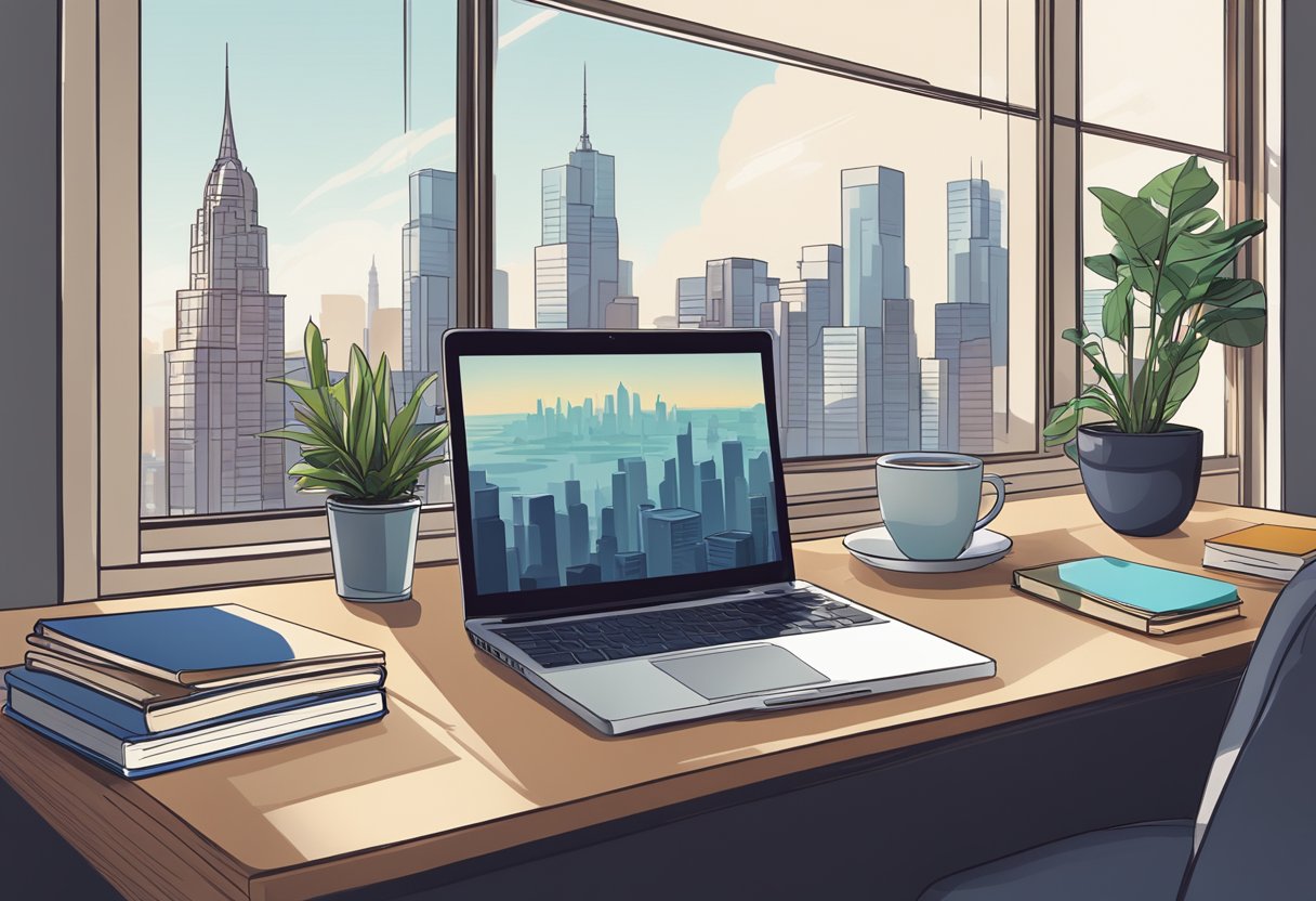 A laptop on a desk with a stack of books, plants, and a cup of coffee. A window shows a city skyline in the background.