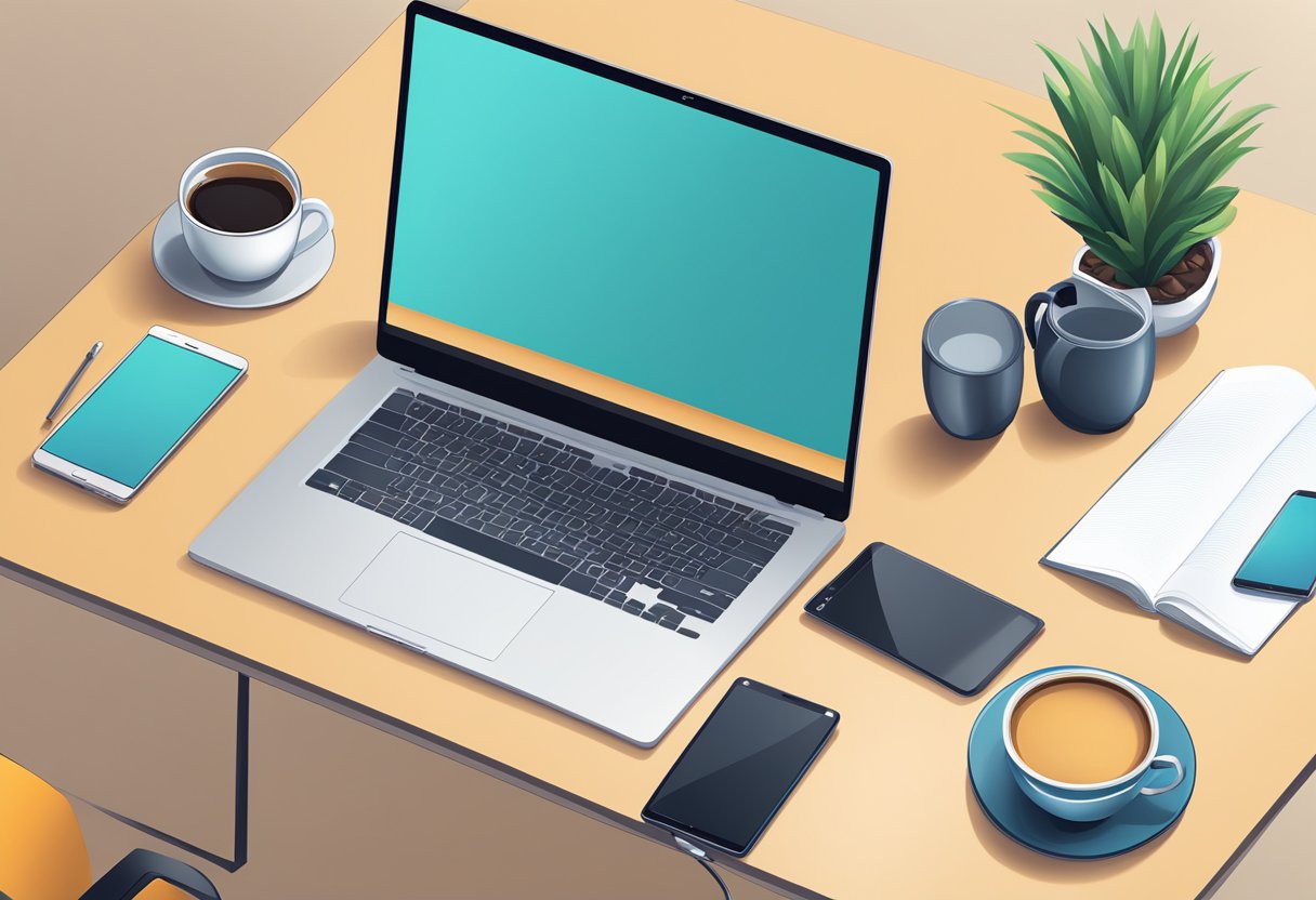 A laptop, tablet, and smartphone arranged on a desk with a cup of coffee.