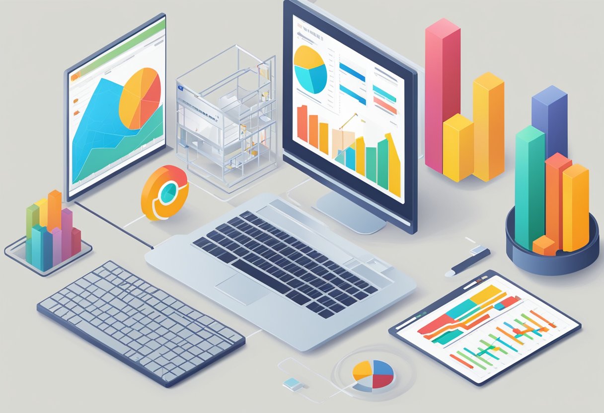 Various graphs and charts displaying some data on screens.