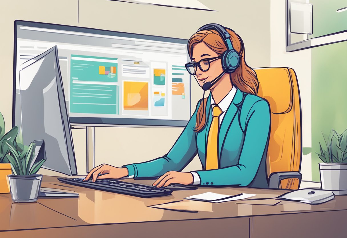 An office girl using computer wearing headphones.