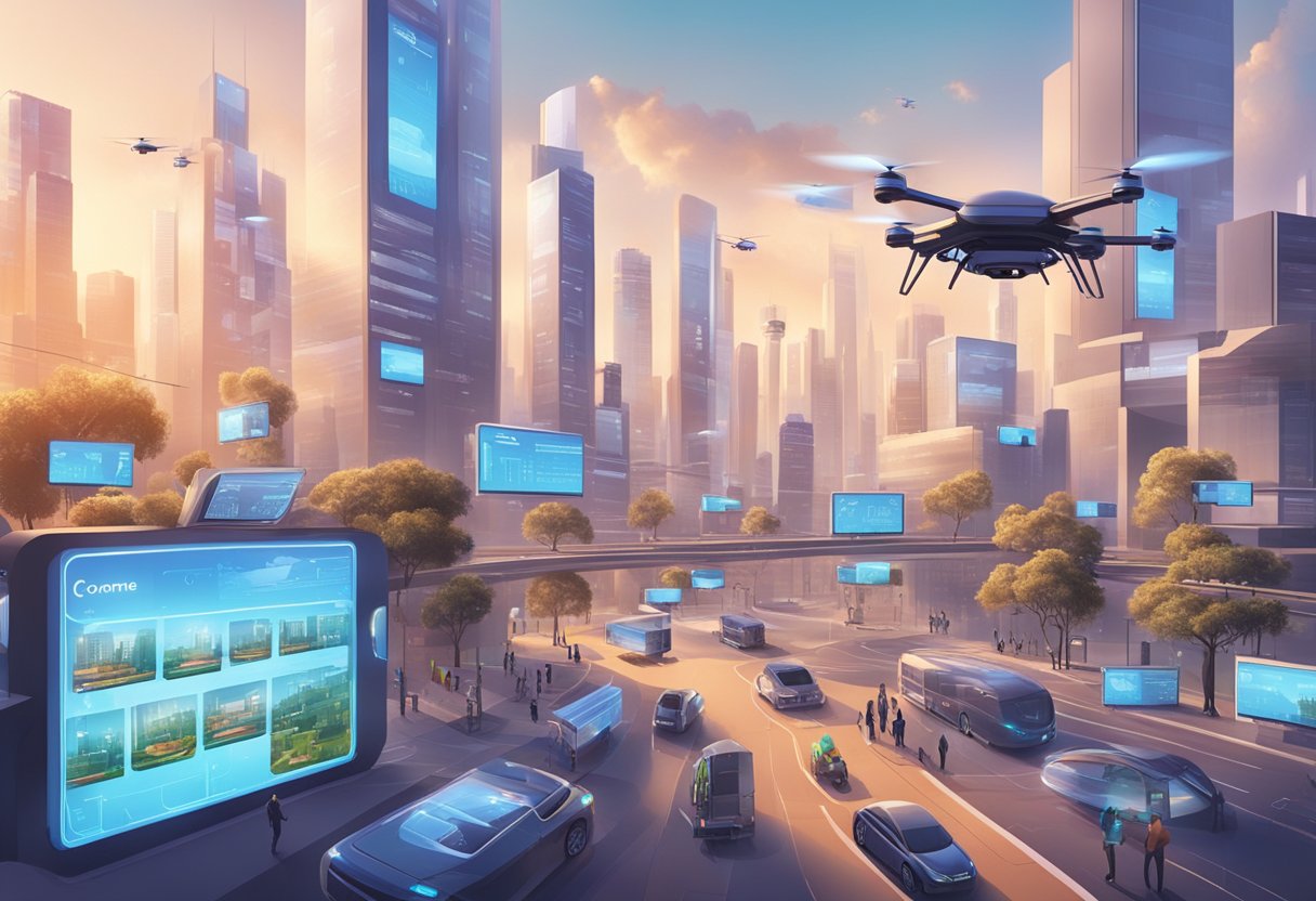 A futuristic cityscape illustration with tall buildings covered in digital screens and flying drones.