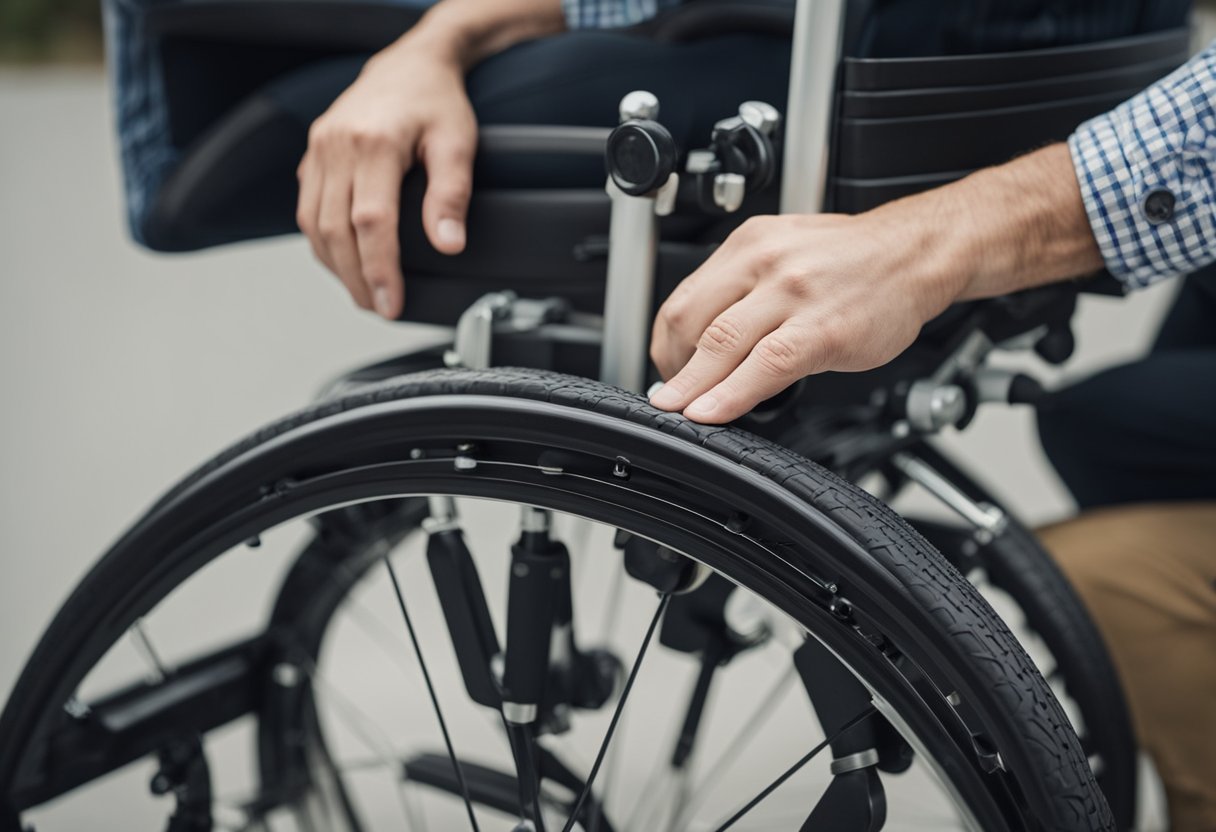 A person places wheelchair legs onto frame, checking alignment and securing with screws. Maintenance tips in text