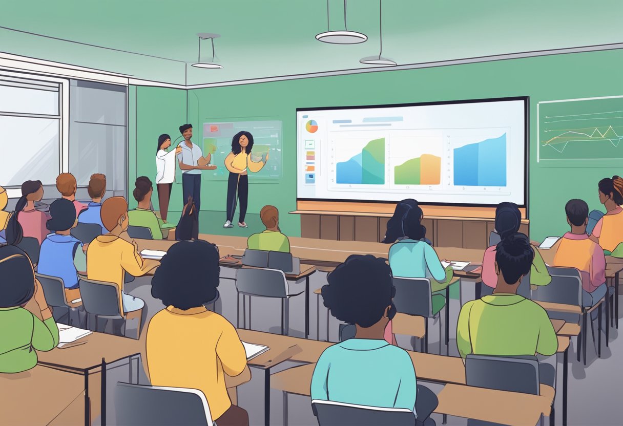 A classroom setting with a large screen displaying an engaging educational video. Students and teachers are gathered around, captivated by the dynamic visuals and informative content