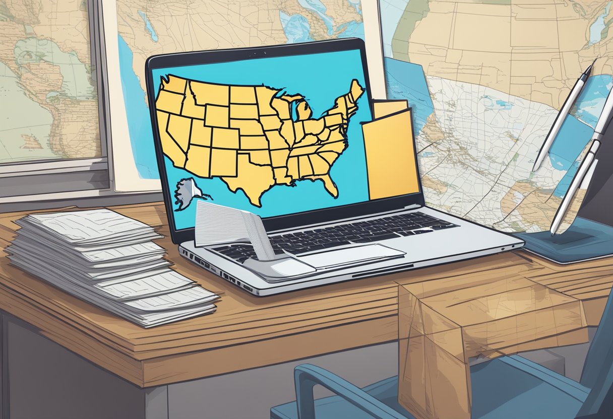 A laptop on a desk with a map of the United States in the screen, surrounded by paperwork and different maps.