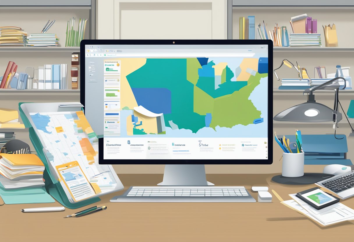 A desktop screen showing map and relevant details placed on a office desk along with some office supplies.