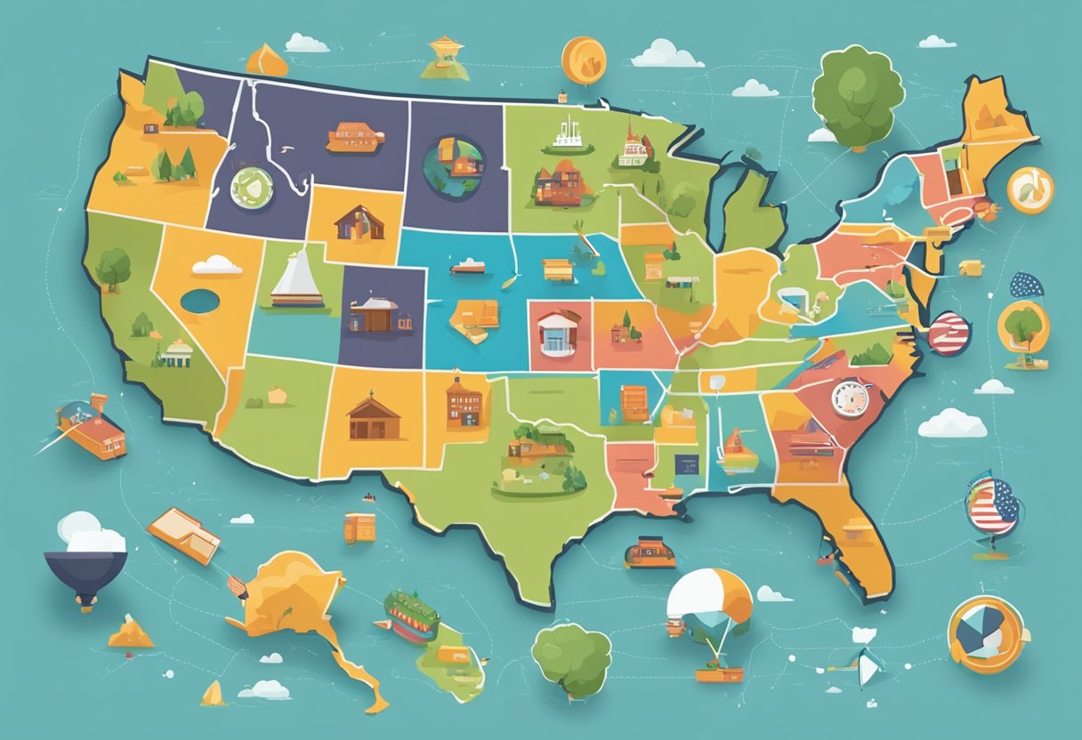 A map of the United States with various icons representing remote job opportunities in different states