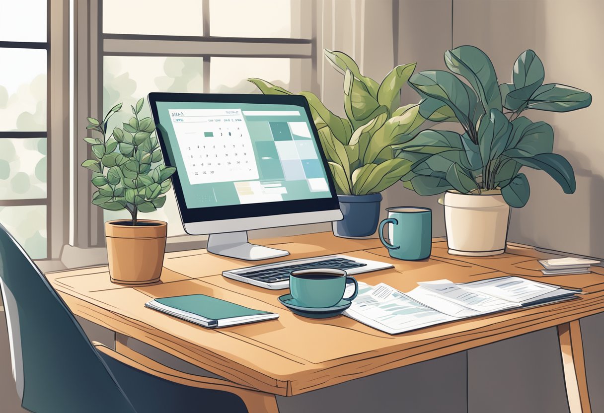 A close-up view of a wooden desk with a desktop screen, coffee mug, paperwork, and several potted plant.