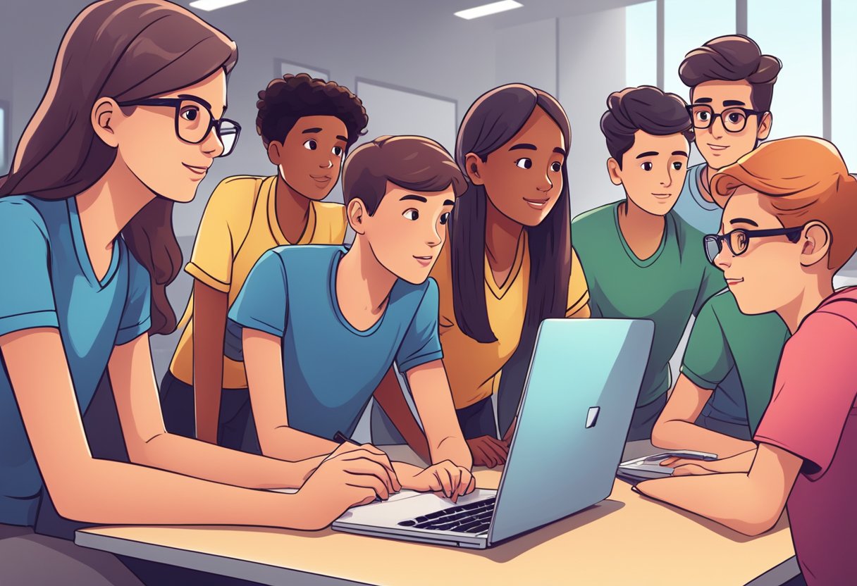 A group of students gather around a screen, engaged and focused as they watch educational videos, taking charge of their own learning