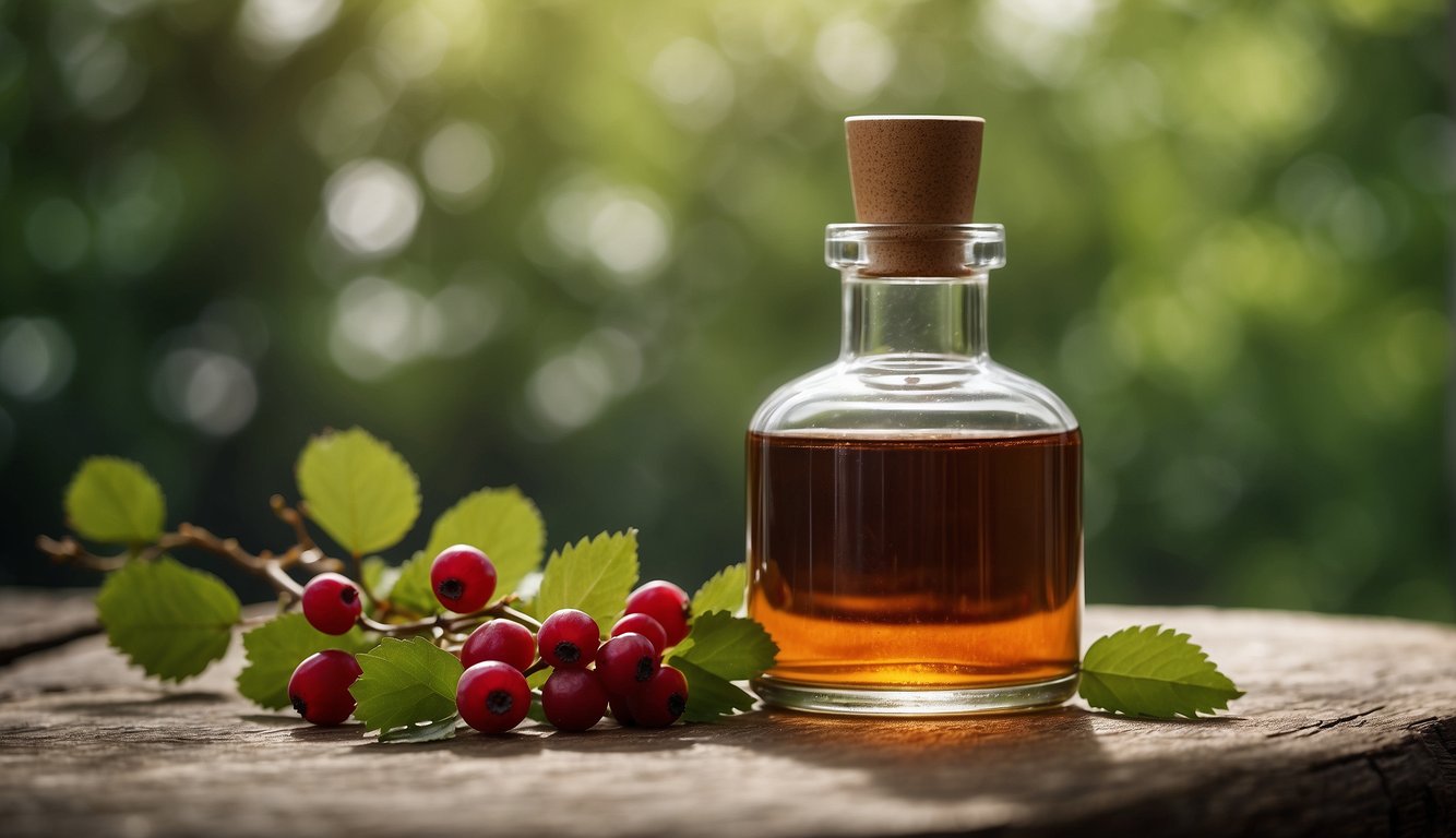 A glass bottle of hawthorn tincture sits on a wooden table, surrounded by fresh hawthorn berries and green leaves