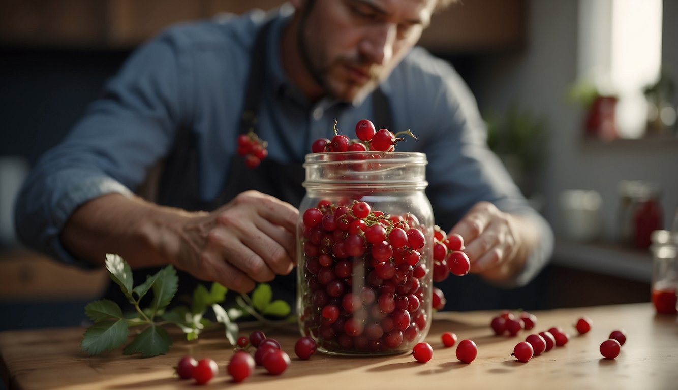A person gathers hawthorn berries, crushes them, and places them in a jar with alcohol. The mixture is left to infuse for several weeks before being strained and bottled