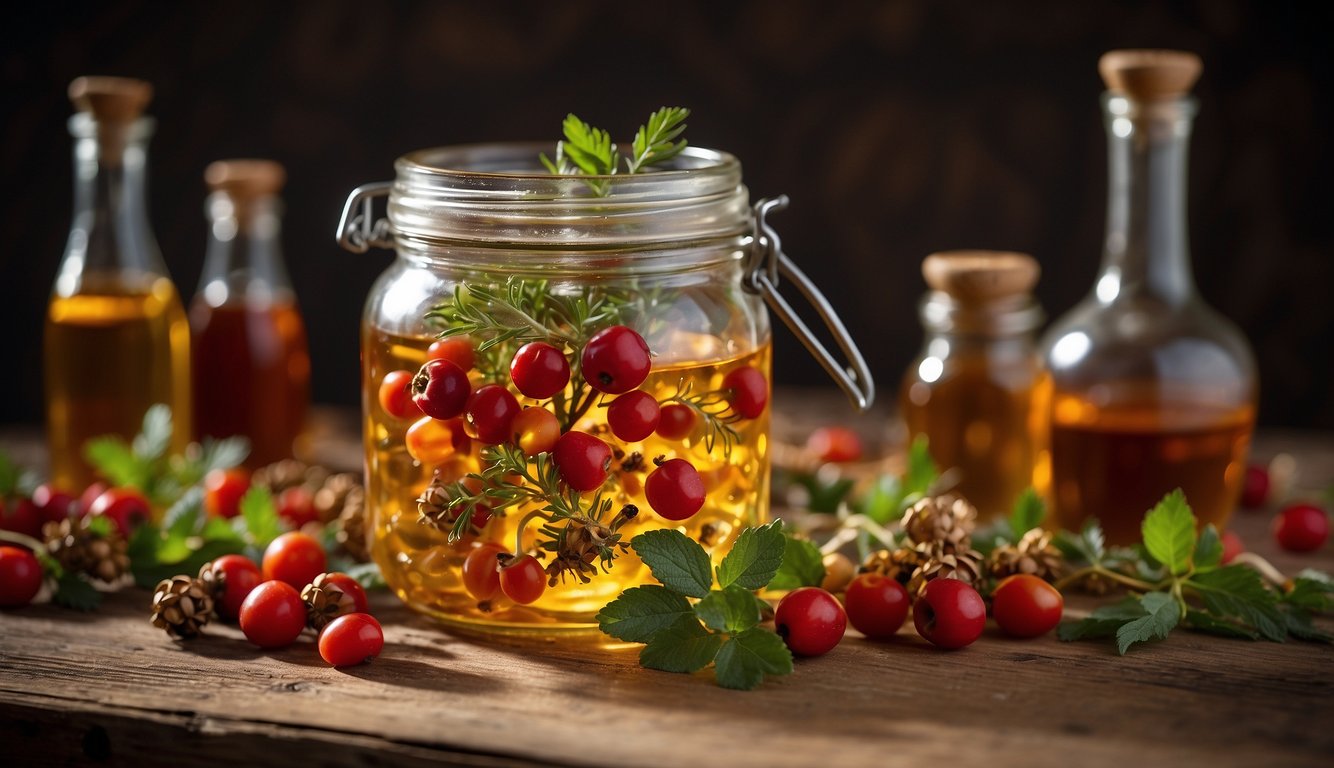 A glass jar filled with hawthorn berries and alcohol, surrounded by various herbs and spices on a wooden table