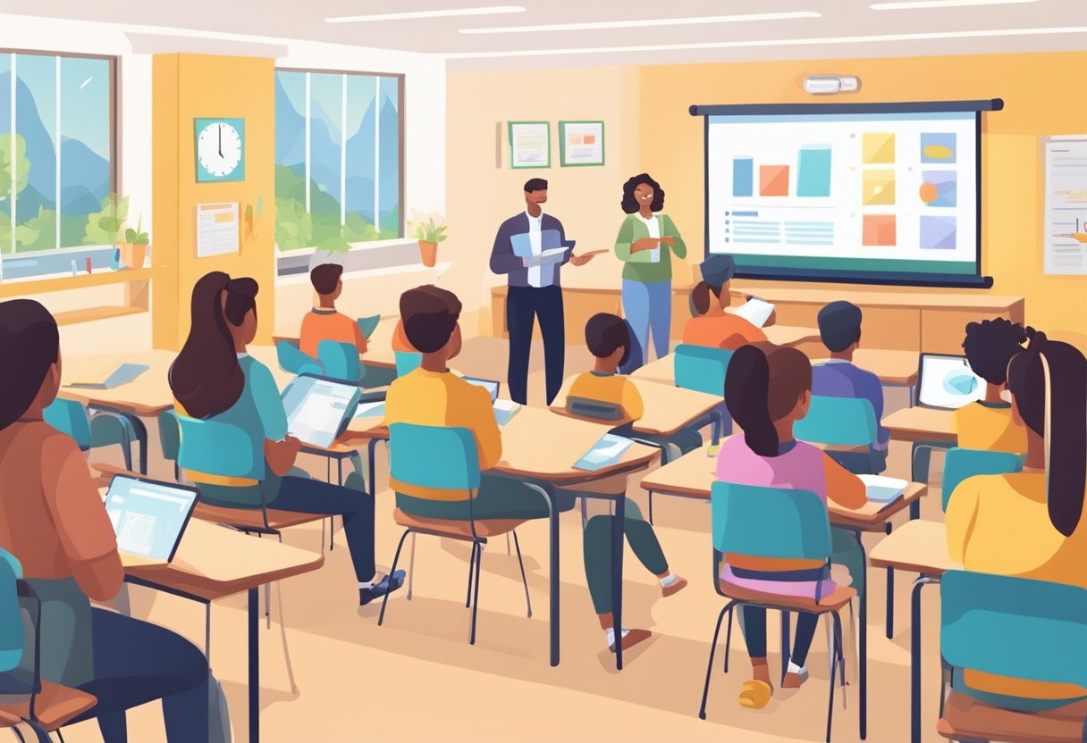 A classroom setting with students watching educational videos, while a teacher collects feedback through surveys
