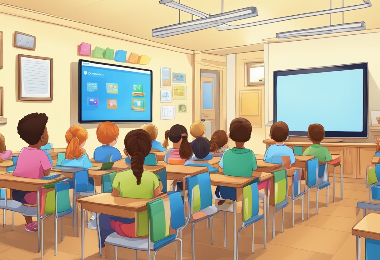 Educational videos playing on a screen in a classroom and home setting