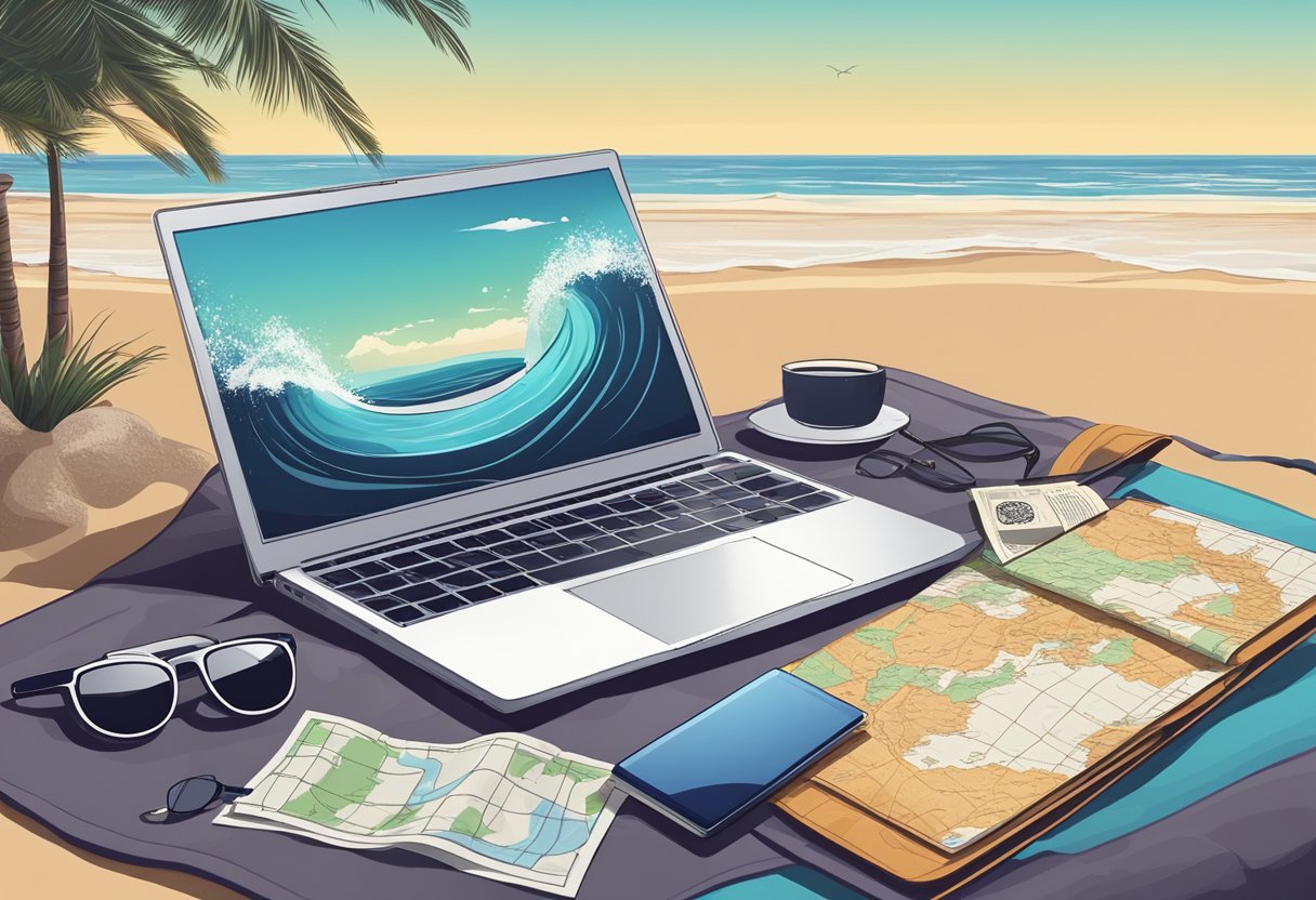 laptop showing a wave crashing on the shore, next to sunglasses, a passport, and a map on a beach towel.