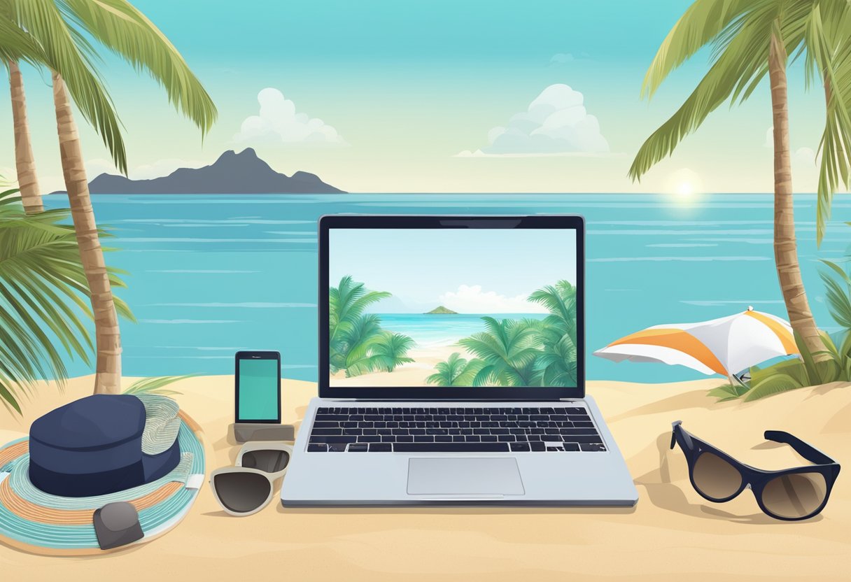 A laptop on a beach sand, surrounded by a hat,sunglasses and a phone, with a tropical beach and palm trees in the background