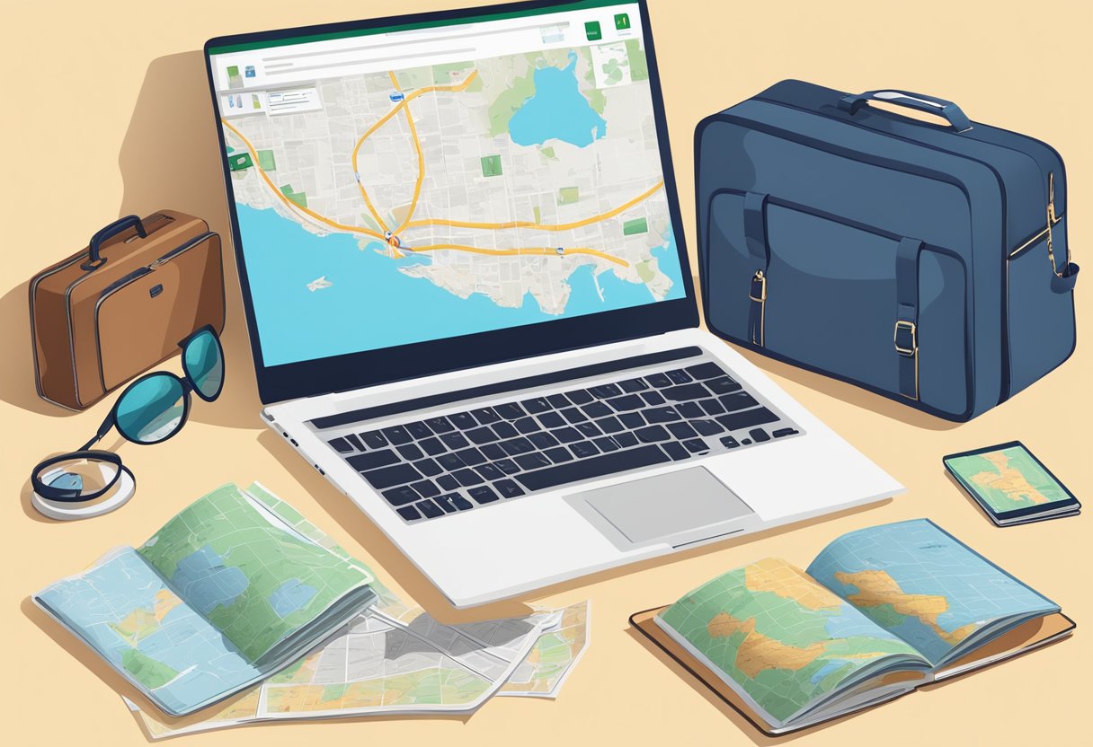 A laptop with a map on its screen surrounded by map books, passport, and a bag.