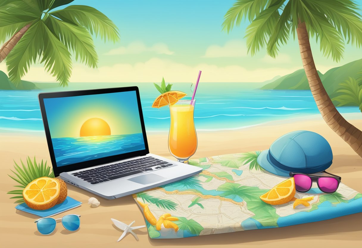 A laptop on a beach with a tropical juice, a blue hat, and pink sunglasses under palm trees.