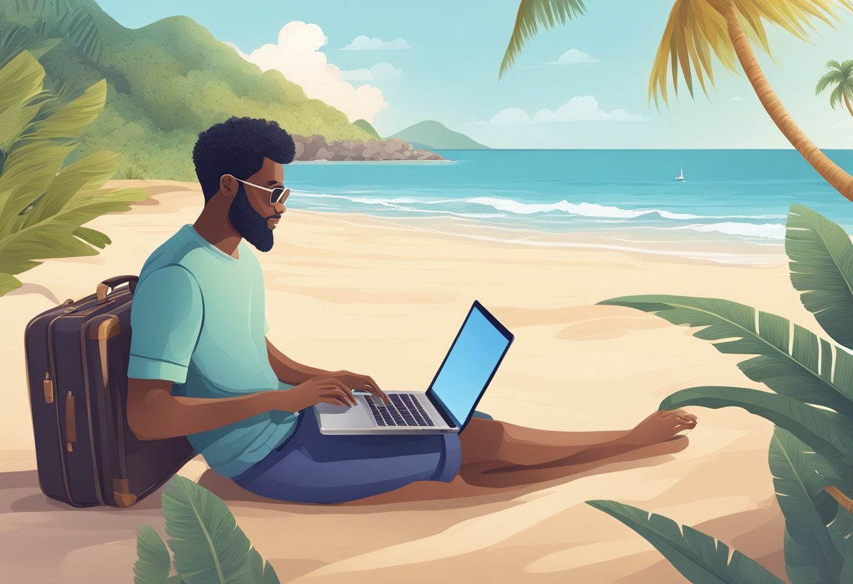 A person working on a laptop while sitting on a beach with a suitcase nearby, on a beach.