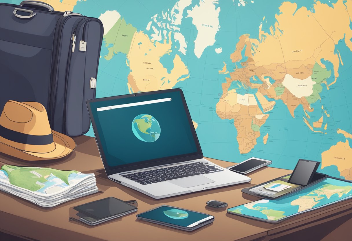 A laptop, smartphone, and passport on a desk with a world map in the background, A suitcase sits nearby.