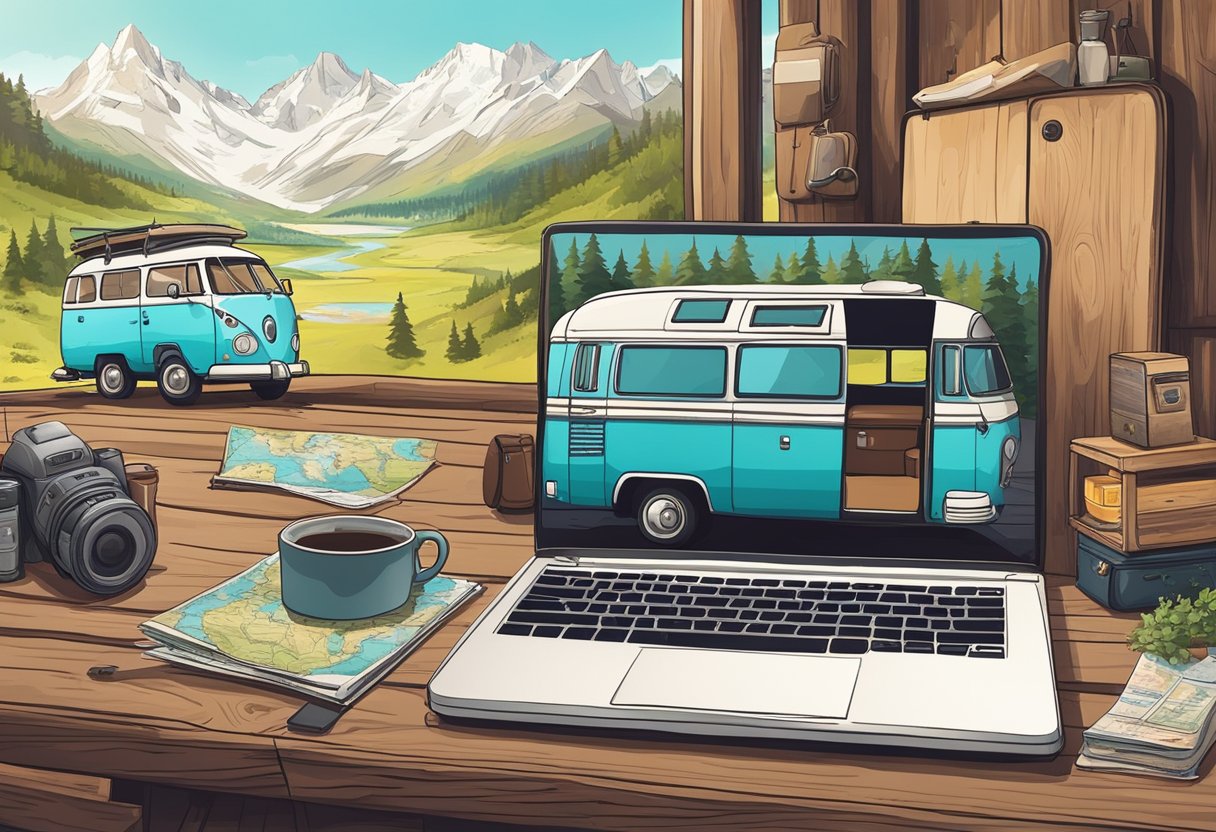 A laptop on a rustic wooden table, surrounded by a map, cup of coffee and a camera. A cozy camper van is displayed on a laptop screen.