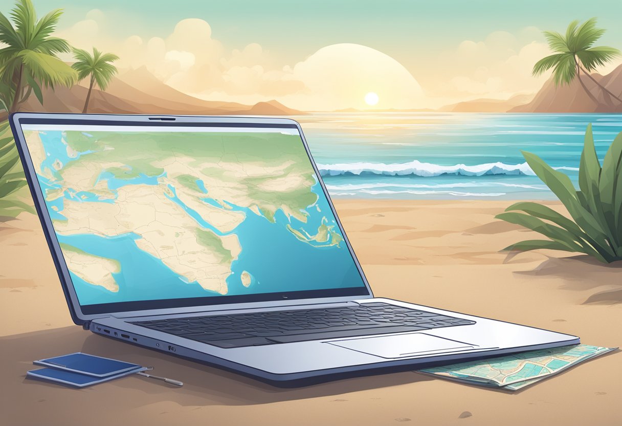 A laptop on a beach with a desktop view of world map.