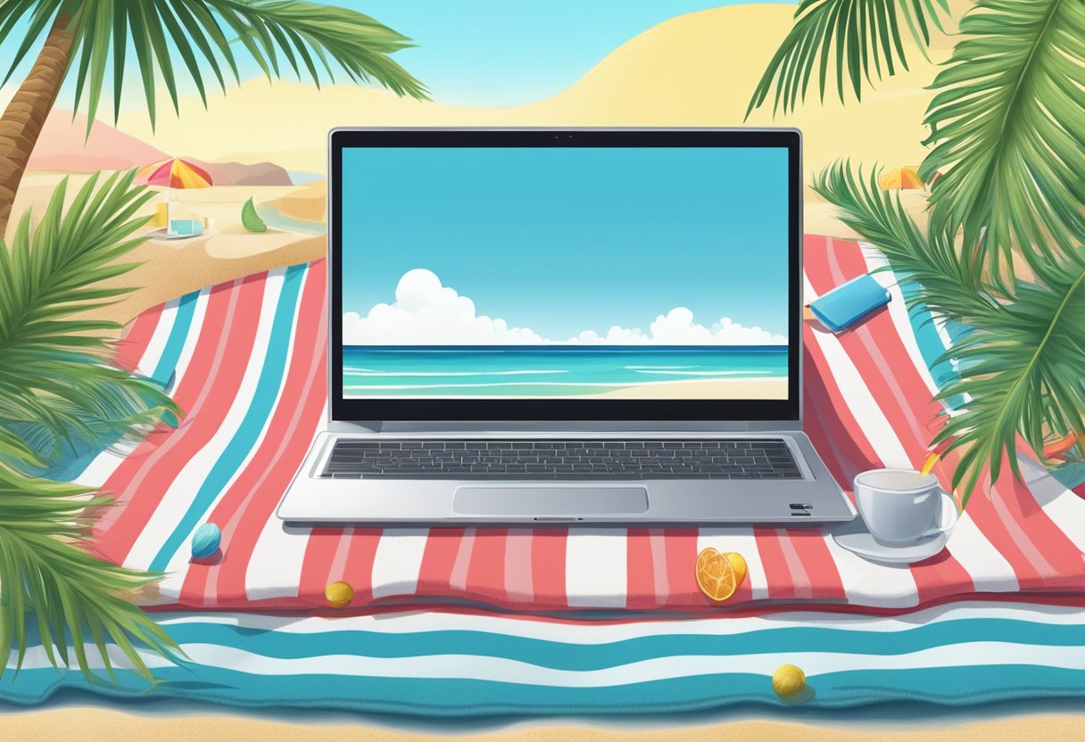 A laptop on a beach towel with wallpaper of sceneric blue sky.