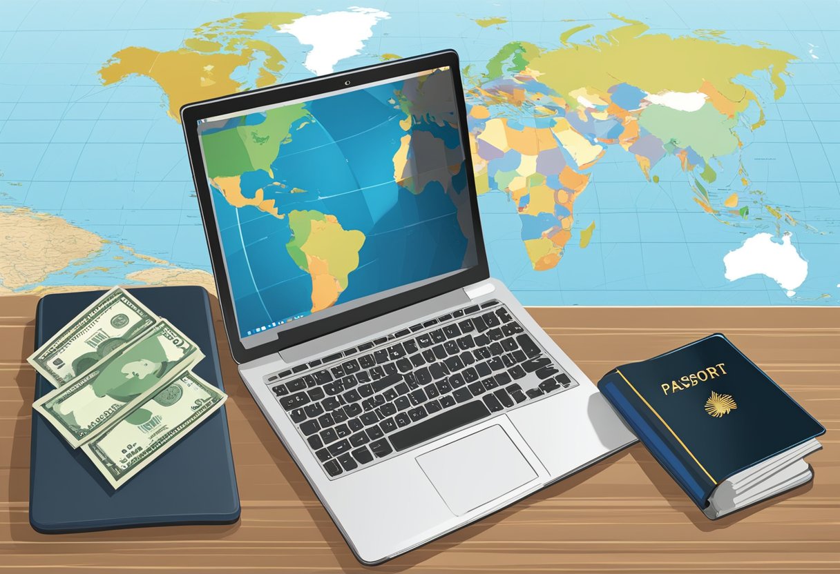 A laptop, passport and currency placed on a desk, with world map in the background