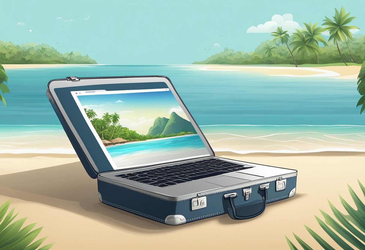 A laptop placed inside breifcase on a beach with a tropical backdrop.