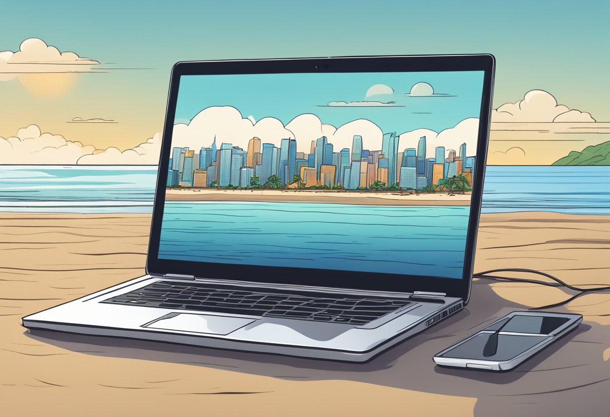 A laptop placed on a beach sand along with mobile phone.