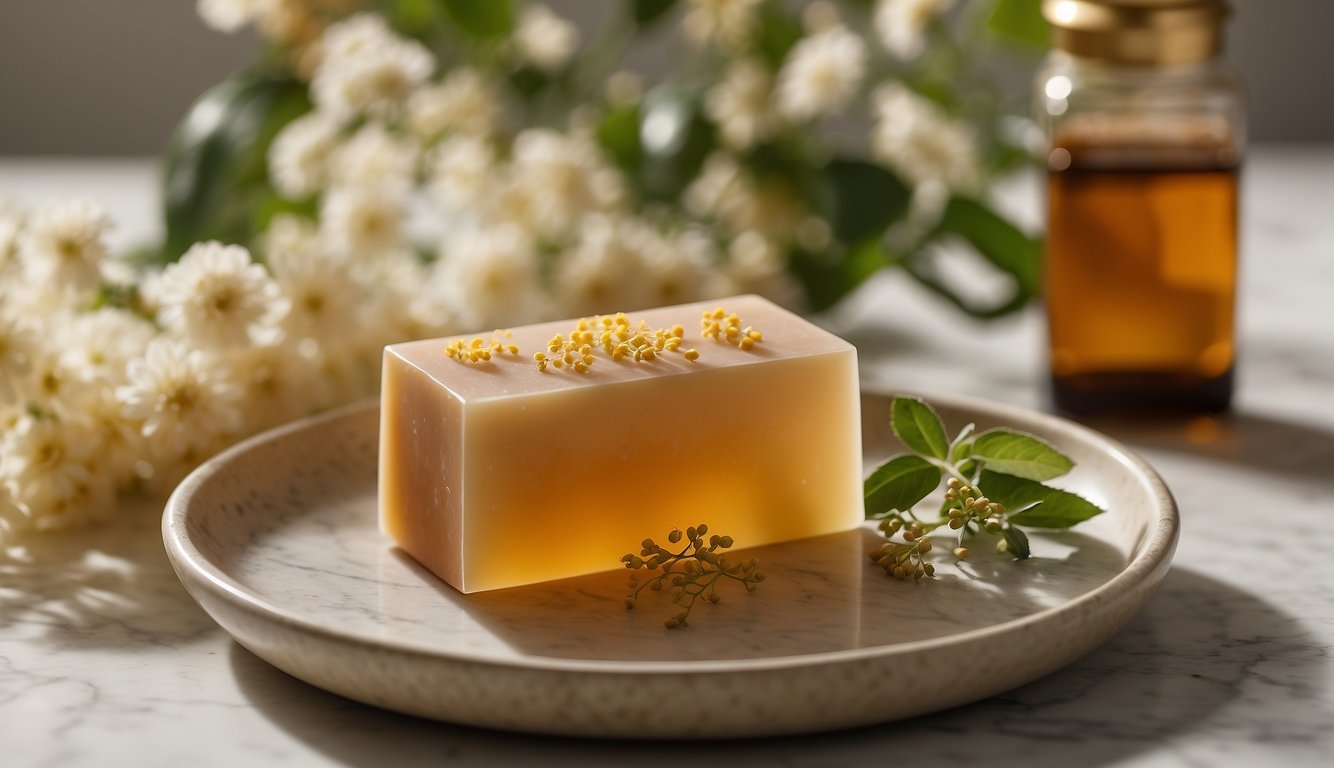 A handcrafted bar of Sulwhasoo herbal soap sits on a marble dish, surrounded by fresh botanical ingredients and a soft, natural light