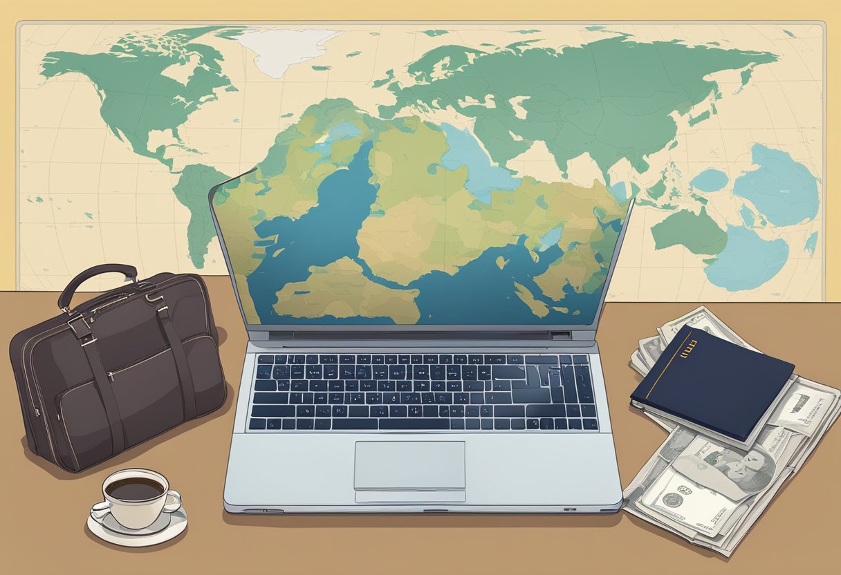 A laptop, passport, and suitcase on a desk with a world map in the background