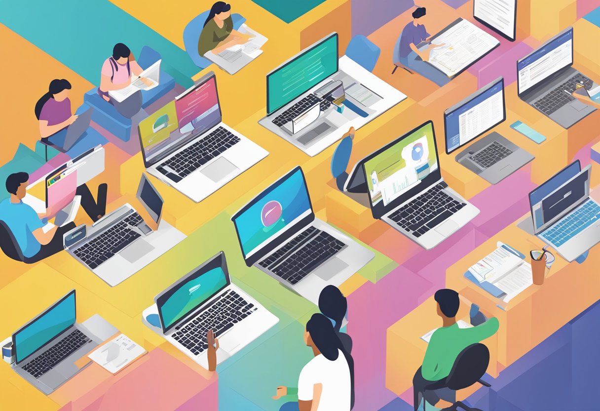 Students engaging with various online assessment tools, such as quizzes and interactive activities, on their devices to enhance their learning experience