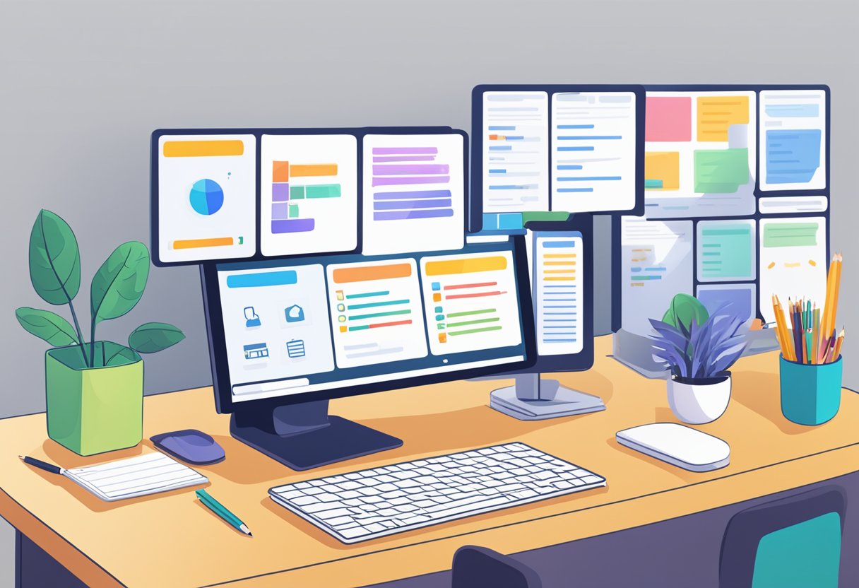 A computer screen displaying various online assessment tools with a student's desk in the background
