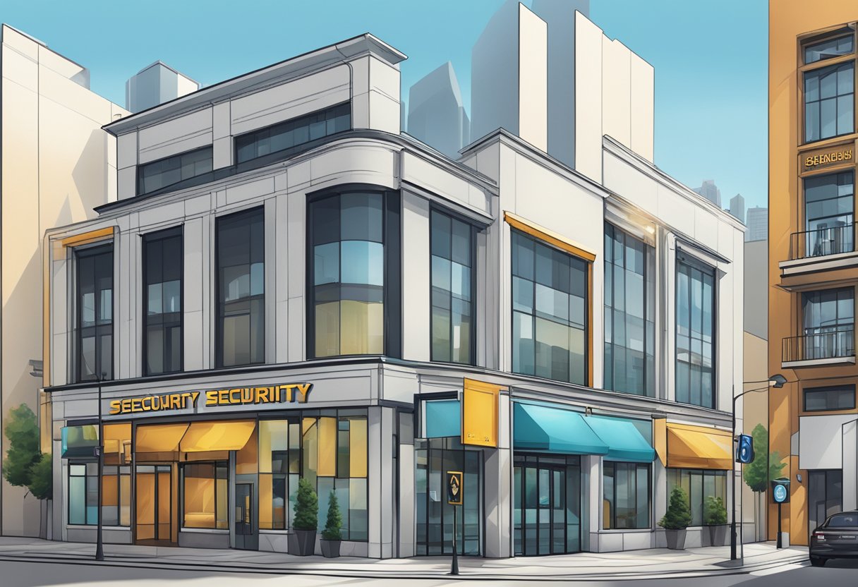 A sketch of a city street scene, featuring a building with a security company sign.