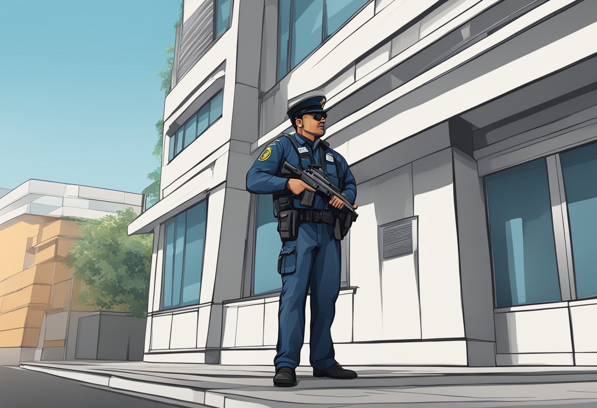 A security guard on a city street holding a firearm in front of a building.