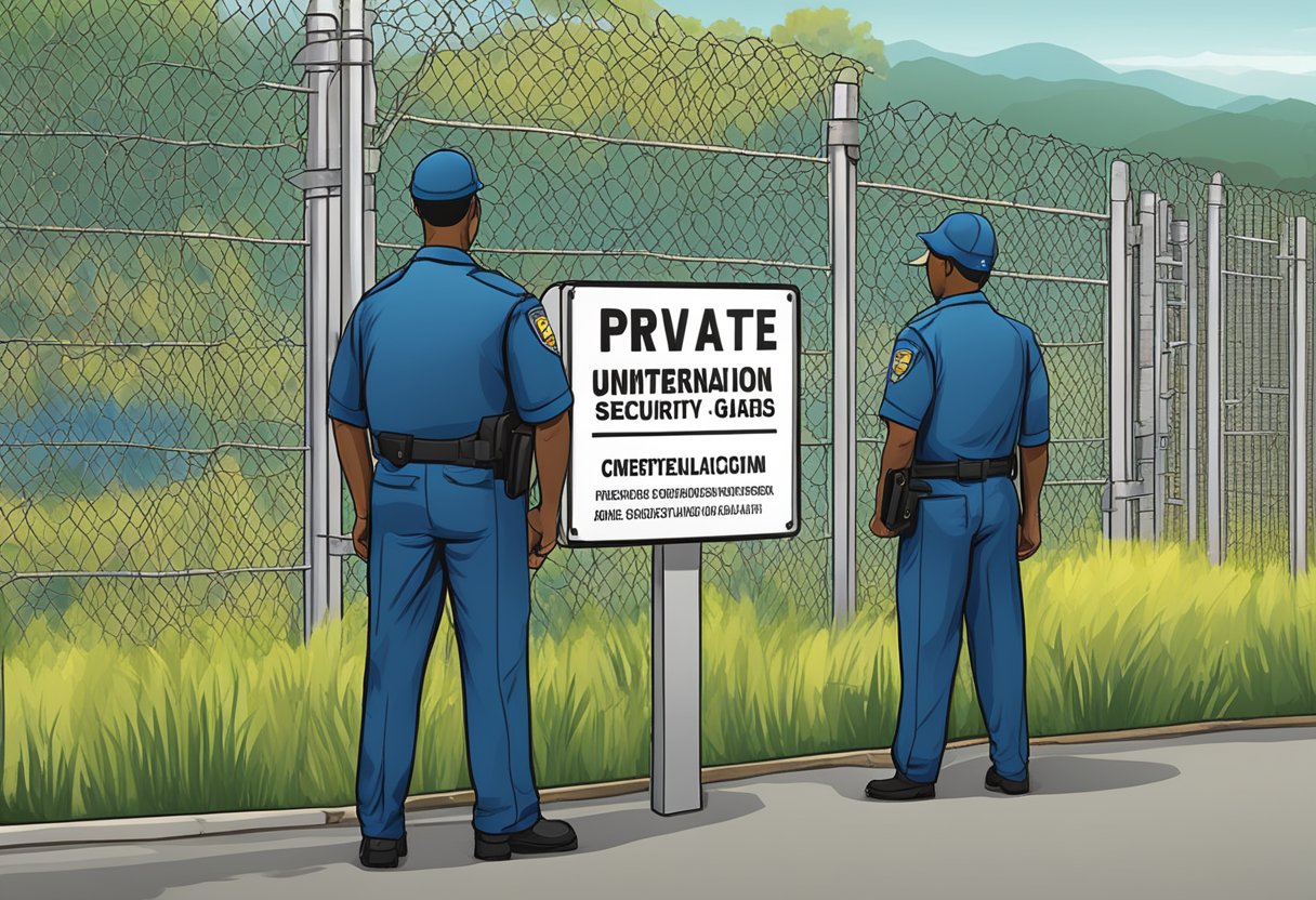 Two security guards standing in front of a fenced area, looking at a sign that reads "PRIVATE UNTERNATION SECURITY GUARDS"