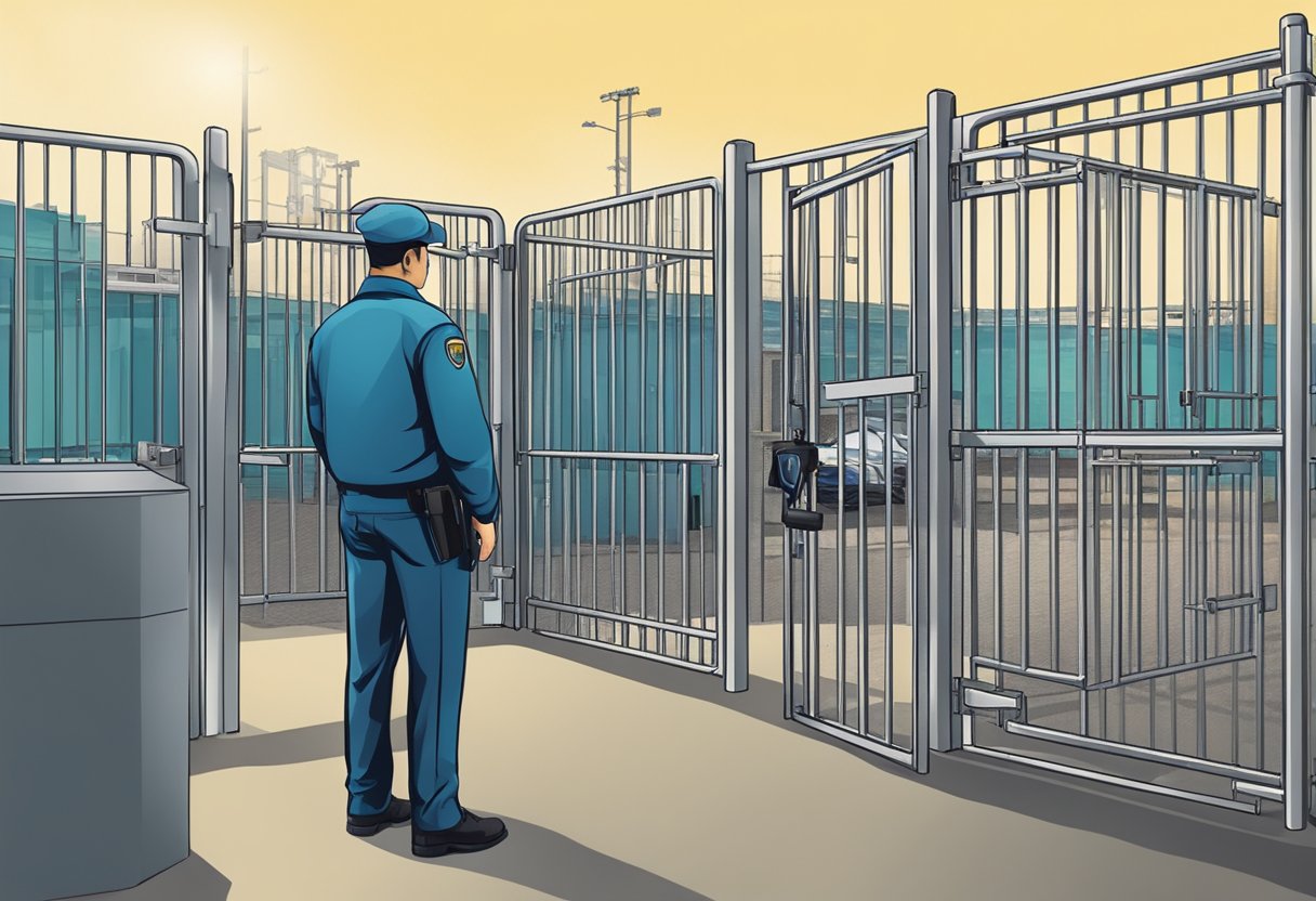 Security guard with firearm surrounded by metal grills gate.