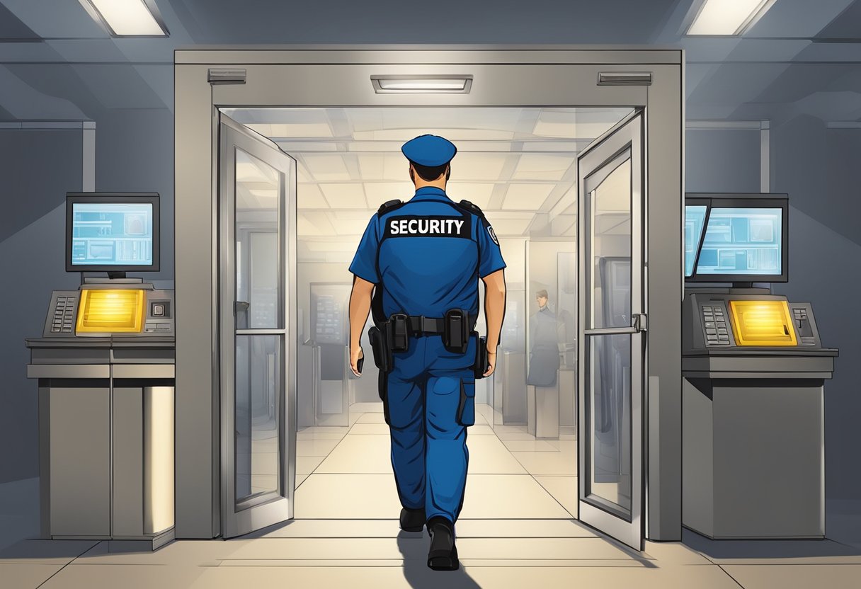 A security guard in uniform walking through a high-tech facility, with computer terminals on either side.