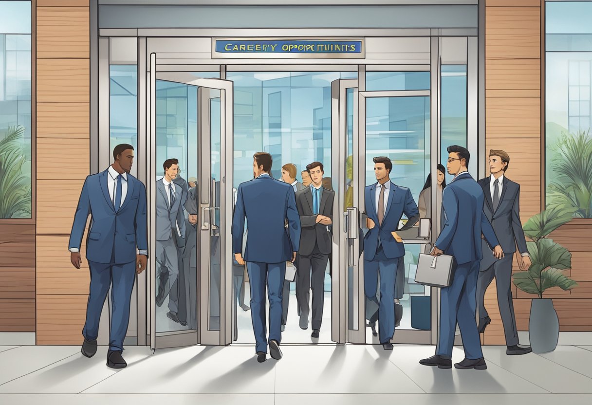 A group of people entering and leaving from a building with a board saying "Career Opportunities"