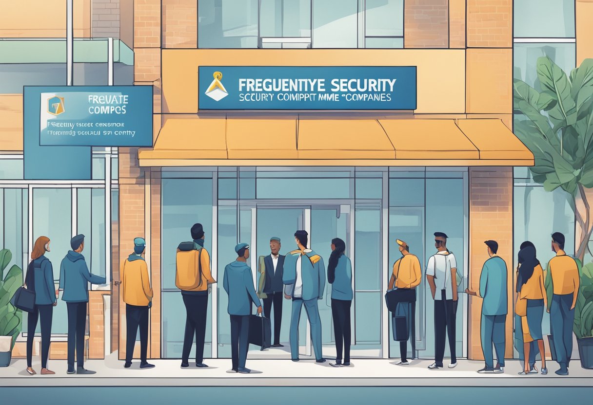 A group of people outside a security company's office.